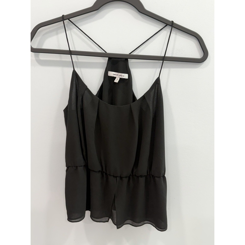Naked Zebra Black Cold Shoulder Cami Top Medium Sheer Layered Flowy Boho Chic